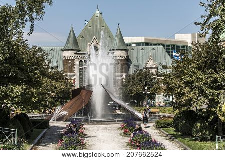 Quebec, Canada - 12.09.2017 - Modern fountain by Charles Daudelin in front of Gare du Palais train station in Quebec, Canada