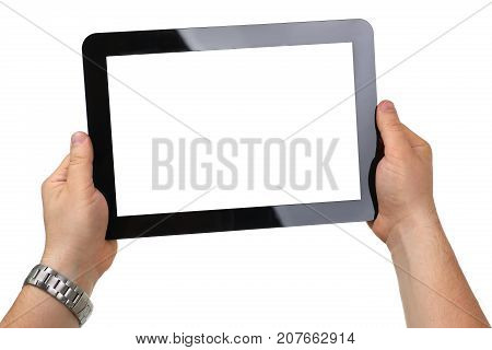 Man hoding black tablet frame in hand isolated on white closeup.  