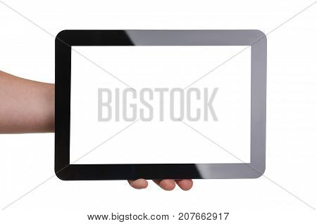 Man hoding black tablet frame in hand isolated on white closeup.  