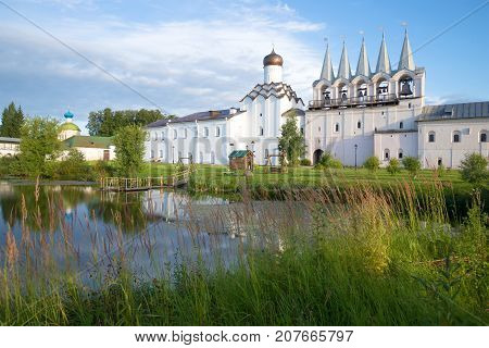 Solar September morning in the Tikhvin Uspensky monastery. Leningrad region, Russia