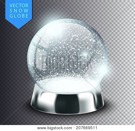 Snow globe empty template isolated on transparent background. Christmas magic ball. Realistic Xmas snowglobe vector illustration. Winter in glass ball crystal dome icon snowflake and silver stand.