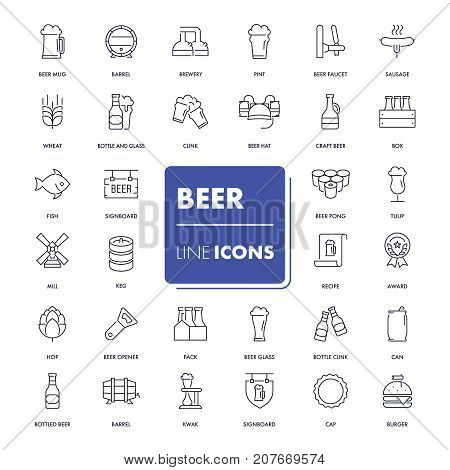 Line icons set. Beer pack. Vector illustration with drink and food elements for bar, pub or restaurant.