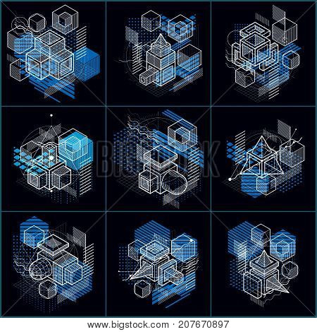 Abstract backgrounds with isometric lines vector illustrations. Templates made with cubes hexagons squares rectangles and different abstract elements. Vector set.
