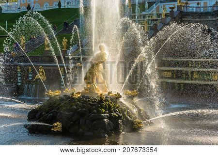 The Samson Fountain In Autumn Sunny Day On 28 September 2017 In Peterhof, Russia.