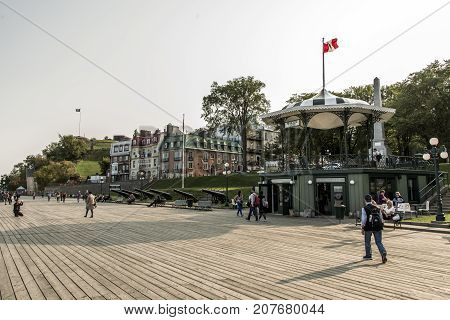 Quebec City Canada 13.09.2017 Tourists on Terrasse Dufferin in Old Town Located right above the St. Lawrence this historical area is UNESCO World Heritage Site