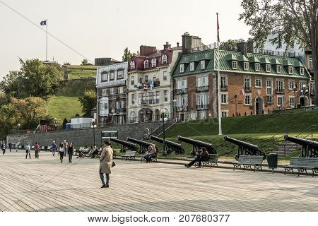 Quebec City Canada 13.09.2017 Tourists on Terrasse Dufferin in Old Town Located right above the St. Lawrence this historical area is UNESCO World Heritage Site