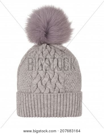 Luxury beautiful knitted woolen female grey hat with fur ball pampone on white background