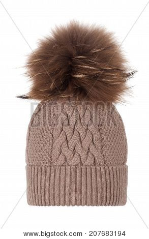 Luxury beautiful knitted woolen brown female hat with fur ball pampone on white background