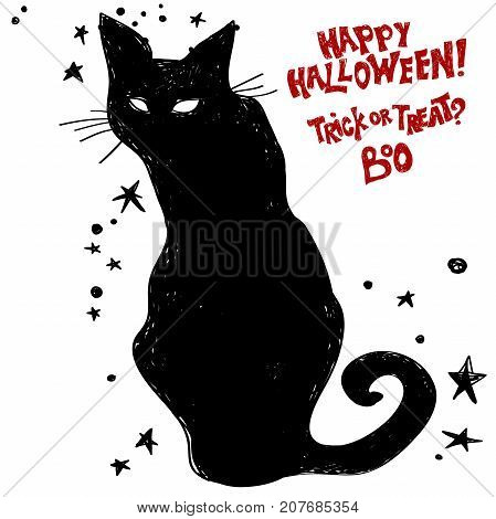 A black cat. Halloween is coming concept. Black cat wants a happy Halloween.Typography design- stock vector.