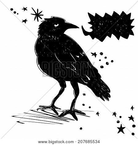 Black Crow with bubble for your message or image. vector illustration. halloween