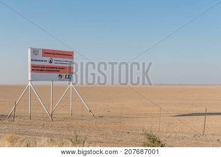 RIETFONTEIN SOUTH AFRICA - JULY 6 2017: A sign board at Hakskeenpan on the R31-road between Rietfontein and Askham at the location of the Bloodhound world speed record attempt