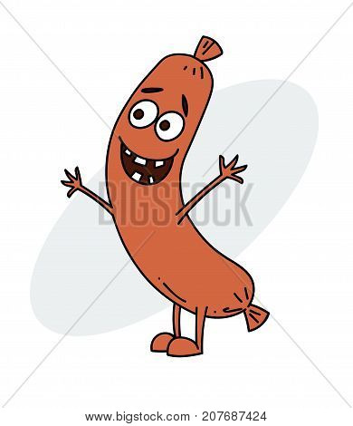 Funny sausage character cartoon hand drawn image. Original colorful artwork, comic childish style drawing.