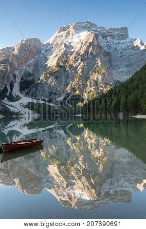 Seekofel reflecting at Lake Prags South Tyrol Italy