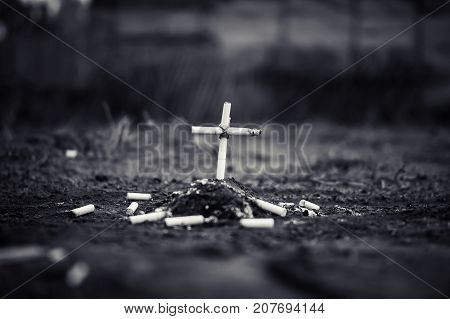 Ashtray With Ash And Cigarette Look Like Grave And Cross