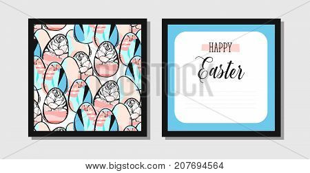 Hand drawn vector abstract creative Easter greeting postcard design template with painted Easter eggs and spring flowers isolated on white background.Design for flayer, invitation, journaling, decoration.