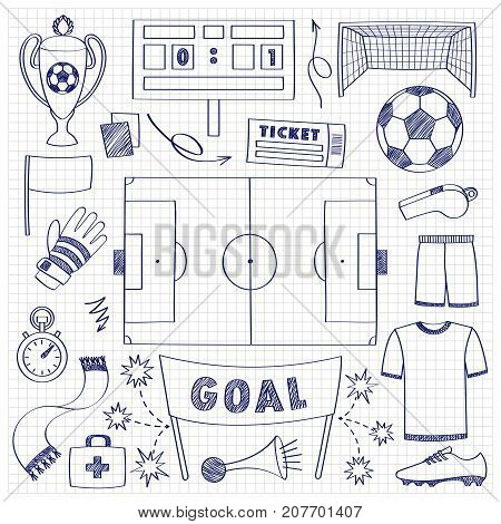 Football objects doodle set. Sport outline elements, soccer sketch on squared paper.