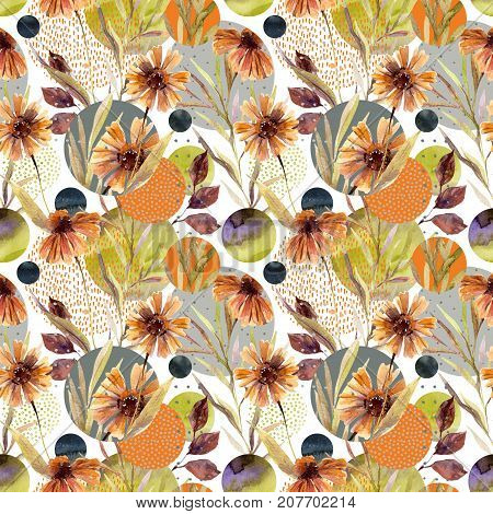 Abstract floral and geometric seamless pattern. Watercolor flowers and leaves circle shapes filled with watercolour minimal doodle textures on background. Hand painted illustration fall design
