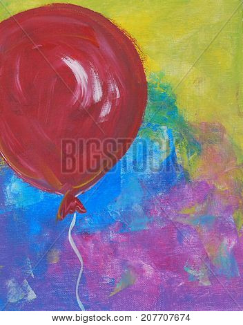 Acrylic Painting on Canvas of Red Balloon on Yellow Blue and Pink Background.