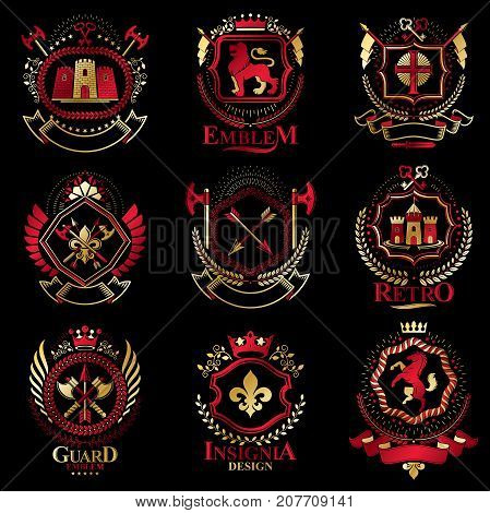 Vintage decorative heraldic vector emblems composed with elements like eagle wings religious crosses armory and medieval castles animals. Collection of classy symbolic illustrations.
