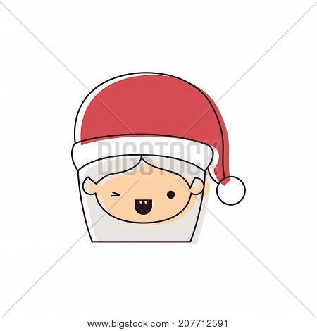 santa claus woman kawaii face with wink eye and happines expression with hat watercolor silhouette on white background vector illustration