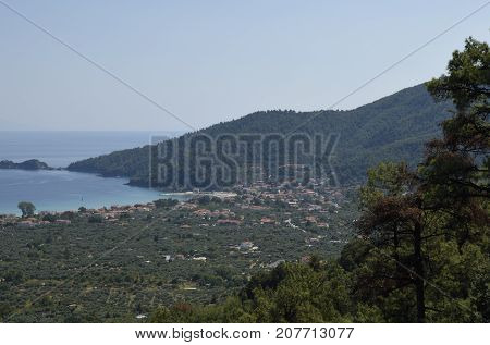 View from mount Ipsarion to the South over the golden beach picture from Thassos Island Greece.