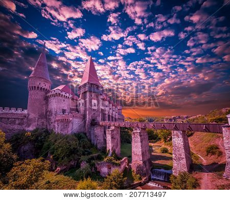 Corvin Castle, Hunedoara, Transylvania, Romania. Hunyad Castle was laid out in 1446. Castelul Huniazilor in Romania.