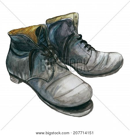 watercolor picture of old ragged shoes, black and white on white background, for decoration, illustration
