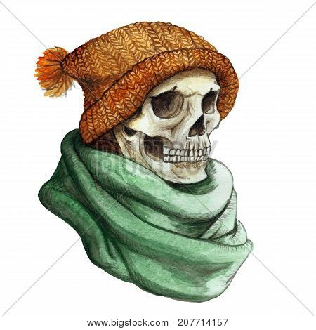 watercolor drawing in the theme of Halloween dull human skull in orange knitted warm woolen hat and green scarf,background watercolor stains of gray color, frame for