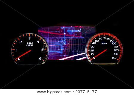 Modern Light Car Mileage On Black Background Futuristic