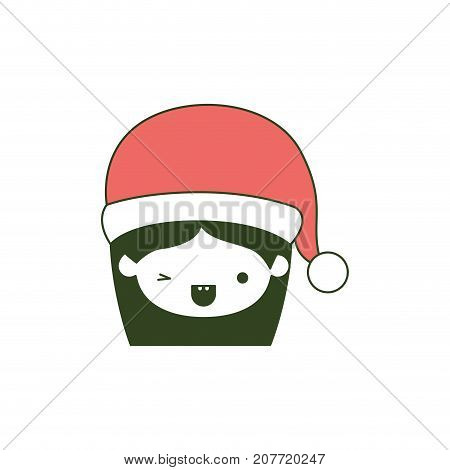 santa claus woman kawaii face with wink eye and happines expression with hat on color section silhouette vector illustration