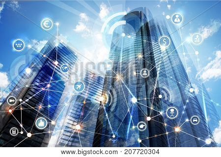 Modern skyscrapers of Madrid and business network connections concept. Technology, transformation and innovation idea.