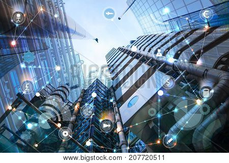 Modern skyscrapers City of London and business network connections concept. Technology, transformation and innovation idea.