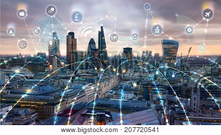 London and river Thames at sunset. Illustration with communication and business icons, network connections concept.