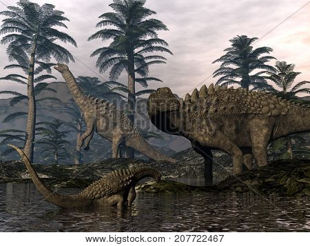 Ampelosaurus dinosaurs family walking among cordaites trees - 3D render