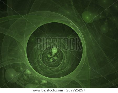 Perfect abstract digital green background. Vortextunnel 3d illustration. Composition of bubbles and circles and fractal elements with metaphorical relationship to space science and modern technology. Fractal artwork abstraction for cover design template l