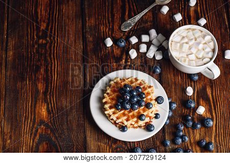 Homemade Waffles with Fresh Blueberry and Topping on Plate Cup of Hot Chocolate with Marshmallow.Copy Space on the Left.