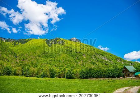 Scenic Green Meadow On The Background Of High Peaked Rocks.
