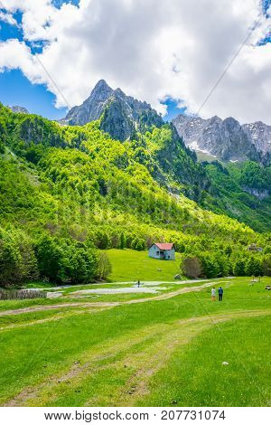 Scenic Green Meadow On The Background Of High Peaked Rocks.