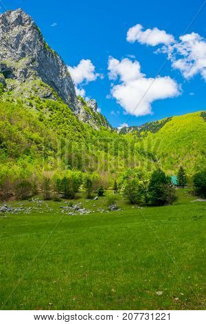 Scenic Green Meadow On The Background Of High Peaked Rocks.