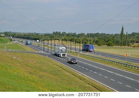 CHRZANOW POLAND - AUGUST 19 2017: Road traffic on the highway A4 in Poland.