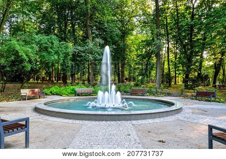 Nice fountain in the urban park. Green park in the city of Chrzanow Poland.