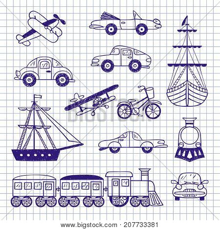 Set of vintage transport. Retro transport hand-drawn on notebook sheet.