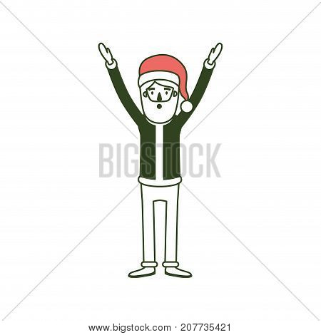 santa claus caricature full body with hands up hat and costume on color section silhouette vector illustration