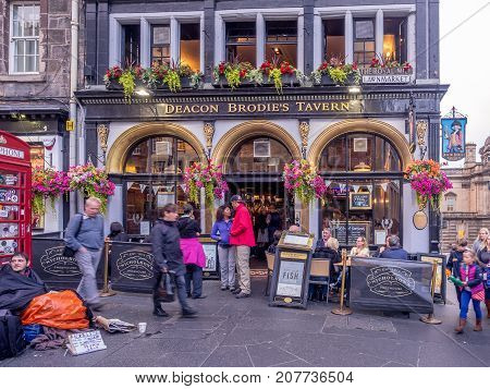 EDINBURGH, SCOTLAND - JULY 28: Deacon Brodie's Pub along the Royal Mile on July 28, 2017 in Edinburgh, Scotland. There are many such pubs on the Royal Mile serving tourists with whisky, beer, etc.