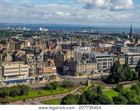 EDINBURGH, SCOTLAND - JULY 29: View of Edinburgh's beautiful streets and buildings from Edinburgh Castle on July 29, 2017 in Edinburgh Scotland. Edinburgh Castle is a favorite destination..