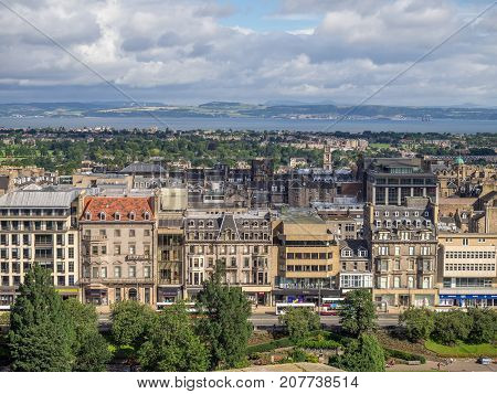 EDINBURGH, SCOTLAND - JULY 29: View of Edinburgh's beautiful streets and buildings from Edinburgh Castle on July 29, 2017 in Edinburgh Scotland. Edinburgh Castle is a favorite destination.