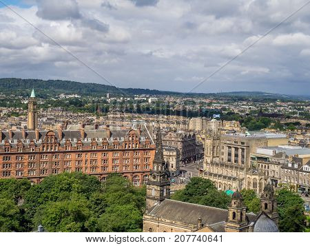 EDINBURGH, SCOTLAND - JULY 29: View of Edinburgh's beautiful streets and buildings from Edinburgh Castle on July 29, 2017 in Edinburgh Scotland. Edinburgh Castle is a favorite destination.