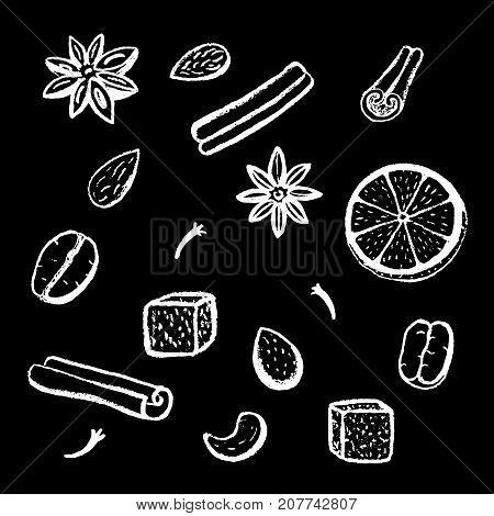 Coffee beans and spices white chalk on black chalkboard vector illustration. Cinnamon stick clove anise. Orange almond and cashew nut. White chalk coffee flavor icons. Coffee spices chalk logo.