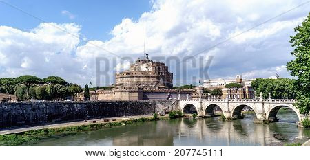 Rome, Lazio, Italy. May 25, 2017: Panoramic View Of The Castle Of San Angelo And The Bridge Of San A