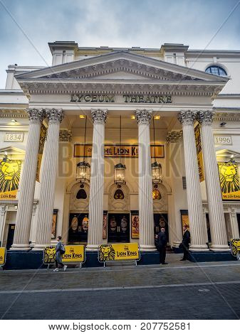 LONDON UK - AUG 2: London's Lyceum Theatre on August 2, 2017 in London England. The Lyceum Theatre is a famous London institution and is playing the Lion King.